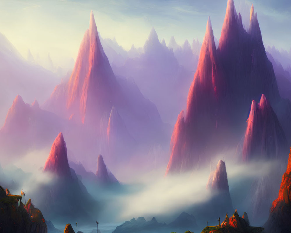 Majestic purple mountains in misty fantasy landscape
