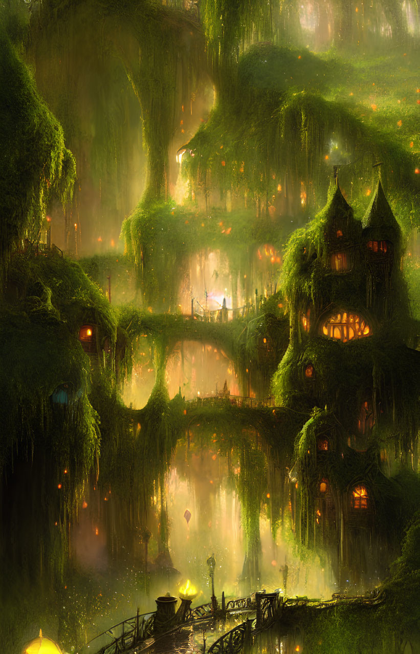 Mystical forest with glowing lanterns, dwellings, and reflective lake
