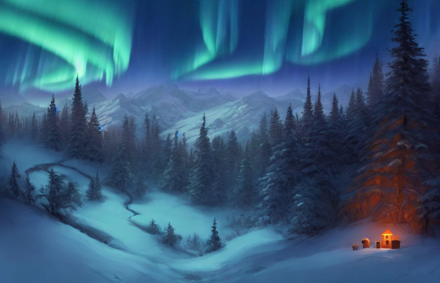 Winter night scene: Northern Lights over snow-covered landscape with campfire