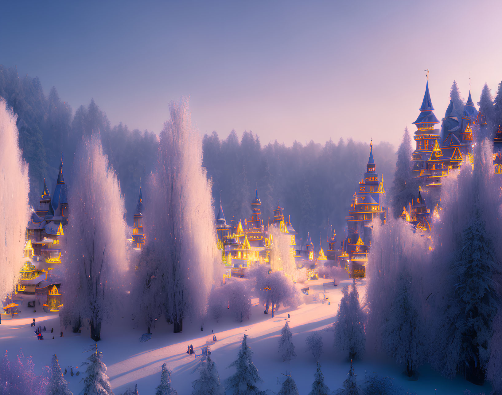 Enchanting Winter Village Scene with Illuminated Buildings and Snow-Covered Trees