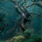 Ethereal forest scene with twisted tree, hanging vines, glowing lights, and mysterious fog