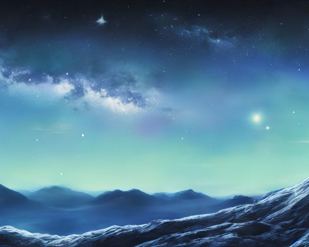 Starry night sky over misty mountains and snowy landscape