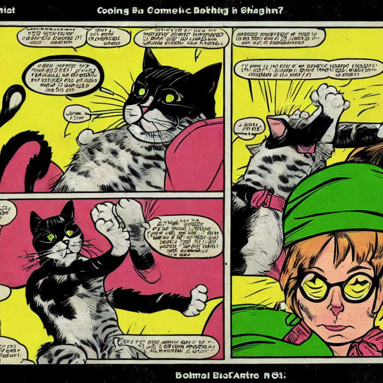 Comic Strip: Person in Green Hat & Expressive Cat on Yellow Background