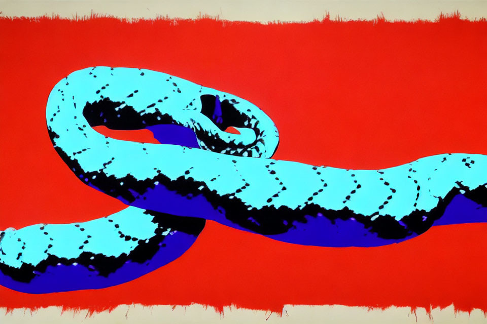 Stylized blue snake with black markings on vibrant red background