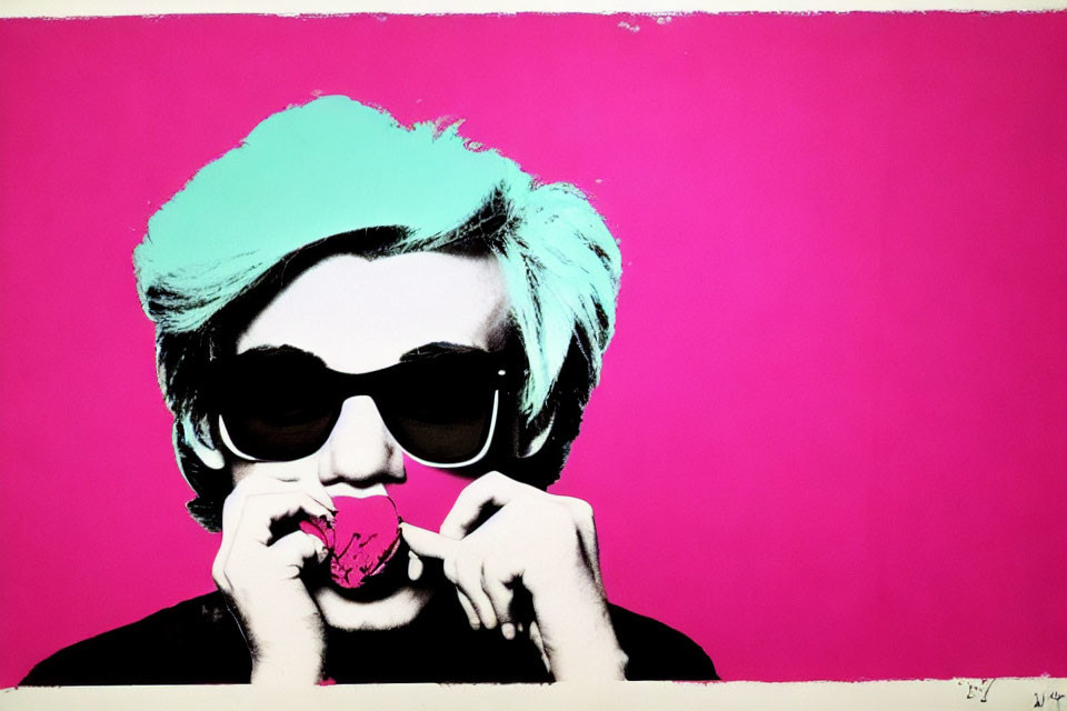 Colorful Pop Art Portrait: Person with Turquoise Hair Eating Pink Ice Cream