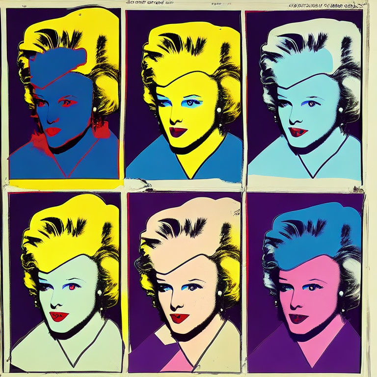 Six colorful pop art style portraits of a woman in varied expressions.