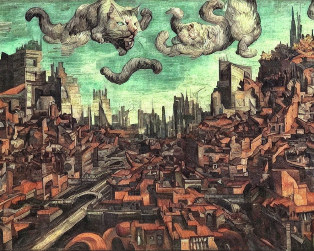 Surreal cityscape with distorted buildings and floating feline creatures