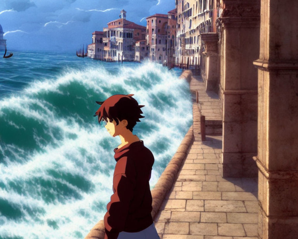Anime-style character on waterfront promenade watching stylized waves in Italianate cityscape