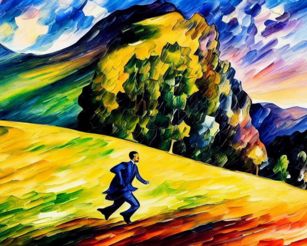 Colorful expressionist painting of man in suit walking on vibrant hill.
