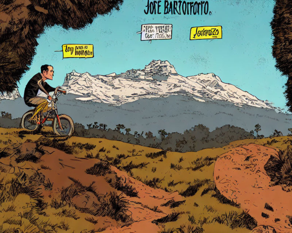 Person biking on trail with mountain backdrop in cartoon-style illustration.