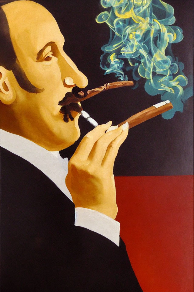 Colorful Stylized Painting of Man with Mustache Smoking Cigar