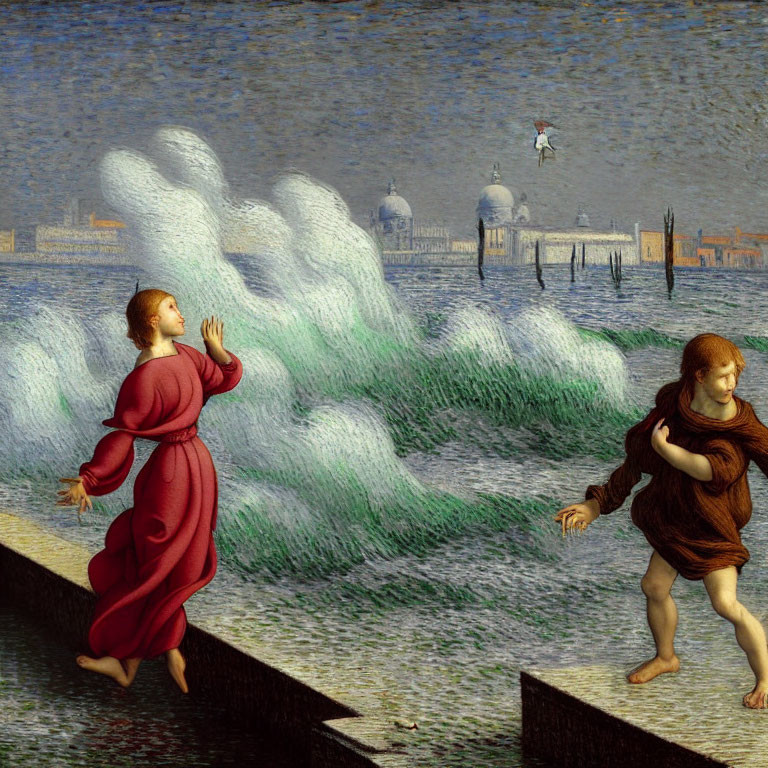 Robed figures walking on water with coastal cityscape and waves.