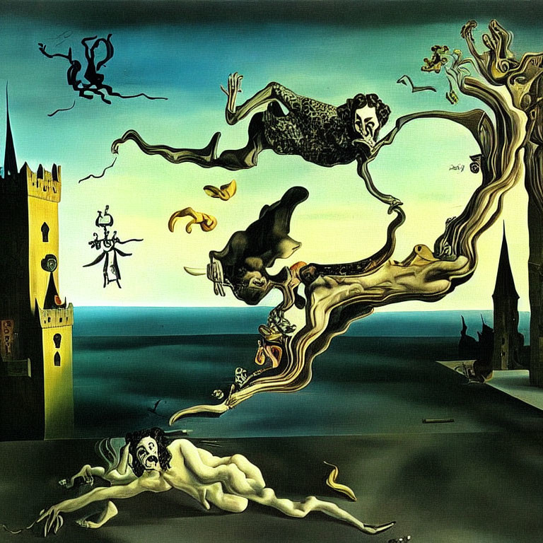 Surrealist painting of distorted human figures in a landscape with a castle under a dark sky
