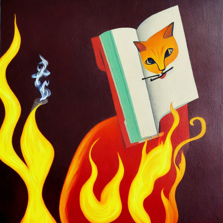 Anthropomorphic orange cat reading book with flame lower body
