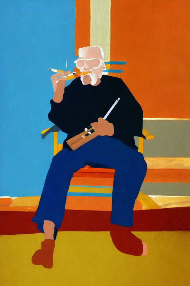 Elderly person with white beard playing flute in colorful setting