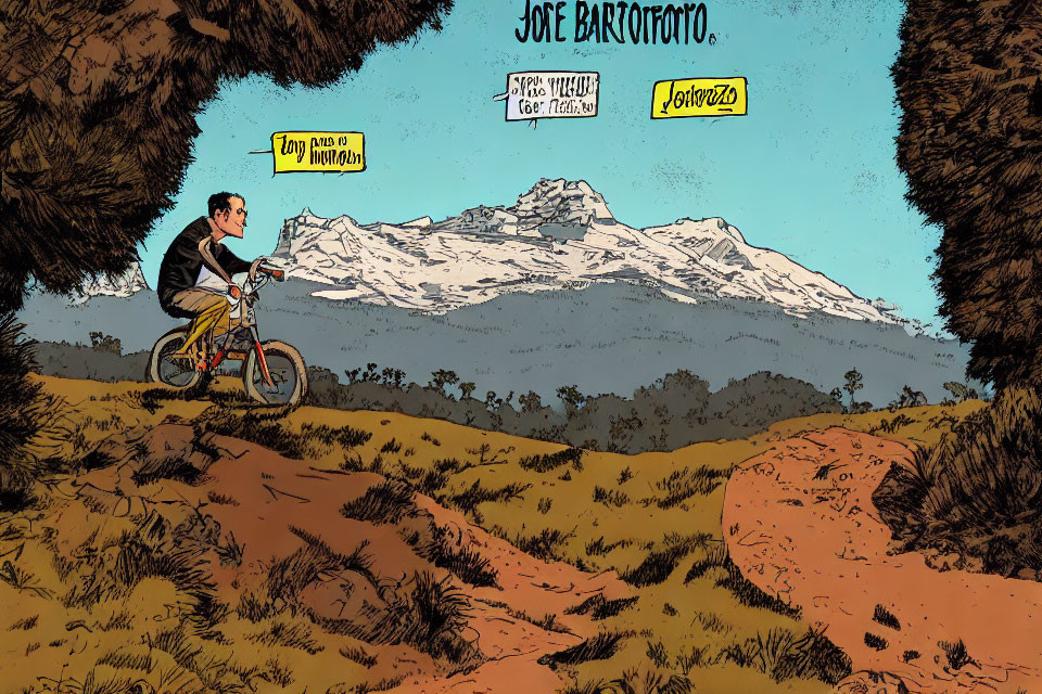Person biking on trail with mountain backdrop in cartoon-style illustration.