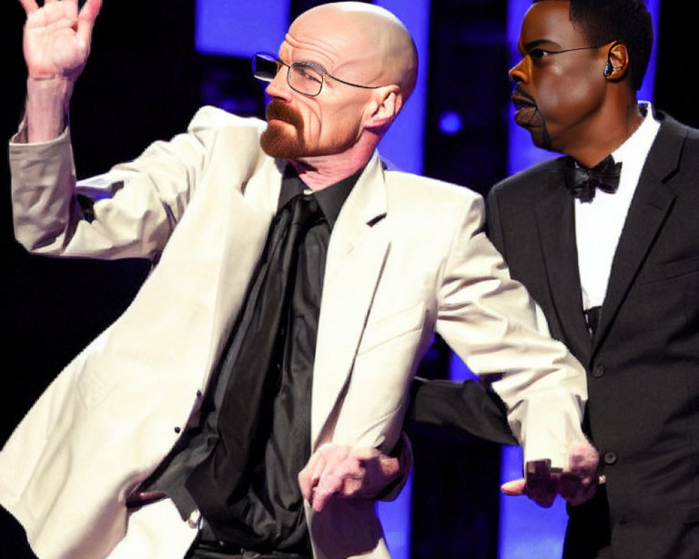 Two men on stage in a photoshopped image: one in a white suit raising four fingers,