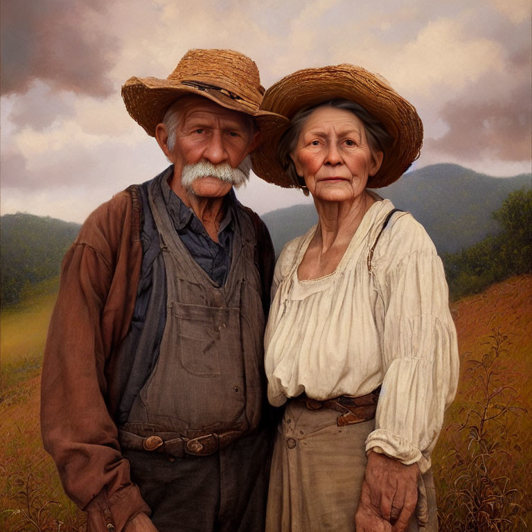 Elderly couple in rural attire standing in field with hills in background