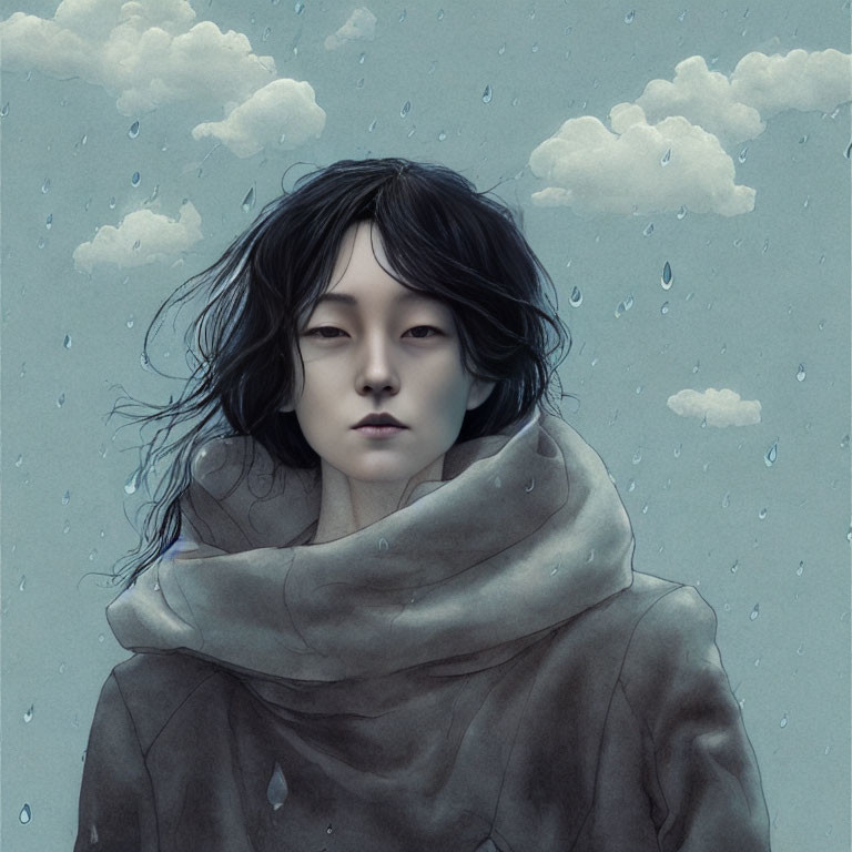 Dark-Haired Person with Large Scarf in Rainy Cloudy Scene