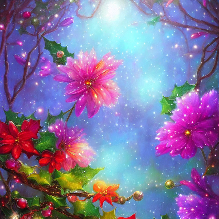 Colorful digital artwork: Pink and red flowers, glowing orbs, and starry blue background