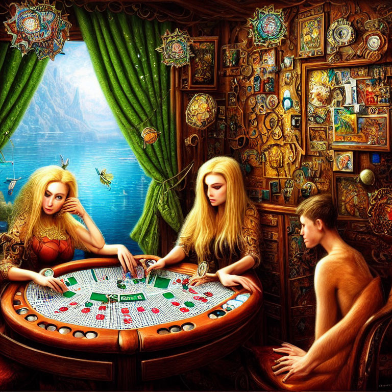 Three people playing board game in ornate room with clocks, lake view