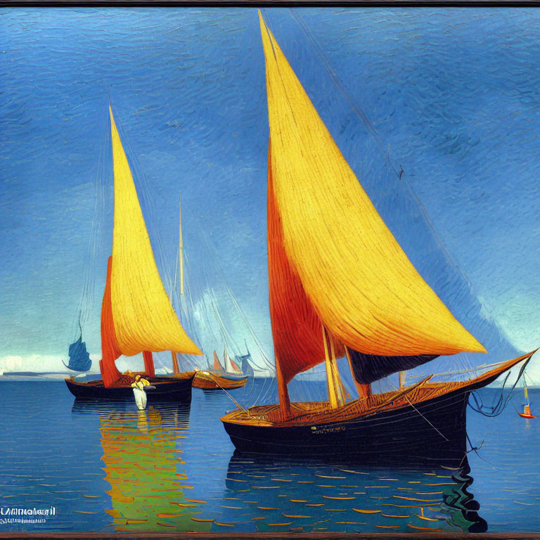 Two sailboats with orange sails on blue water, one with a person, under blue sky.