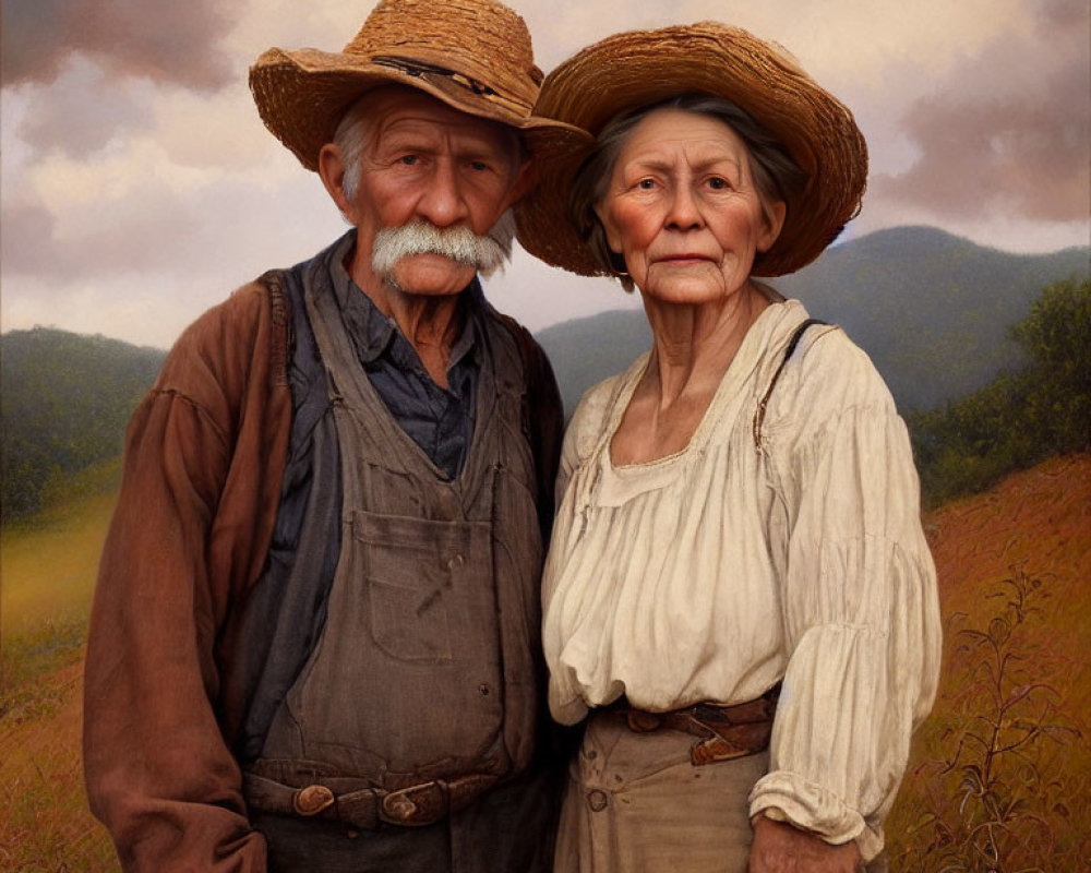 Elderly couple in rural attire standing in field with hills in background