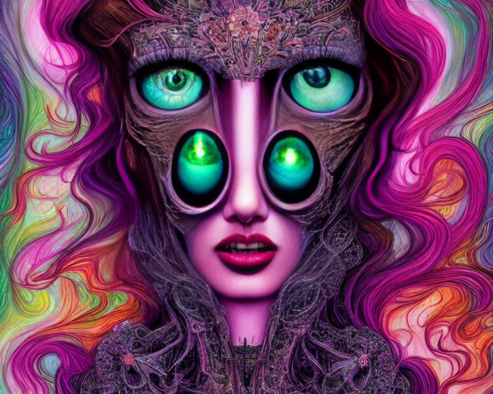 Vibrant digital illustration of female figure with wavy hair and ornate headpiece