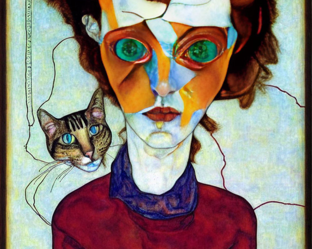 Abstract art overlay on woman's portrait with stylized cat: vivid colors, fragmented facial features