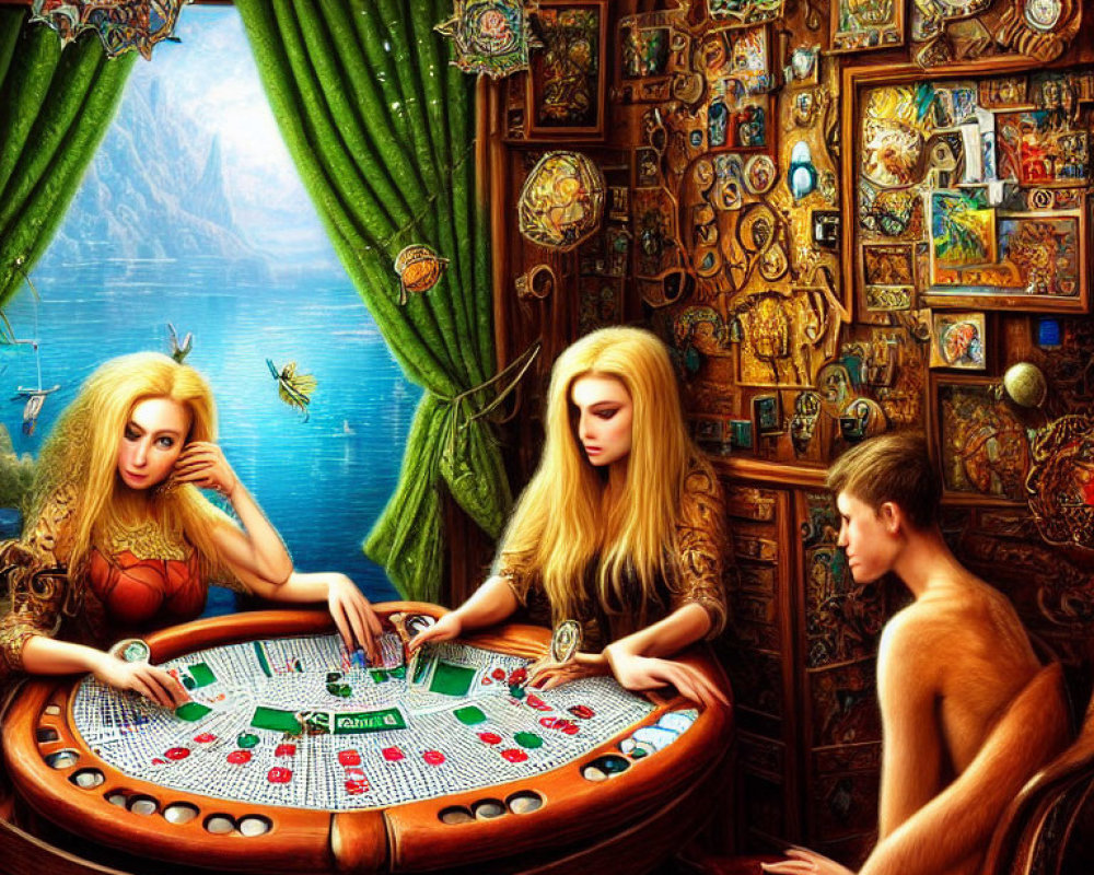 Three people playing board game in ornate room with clocks, lake view