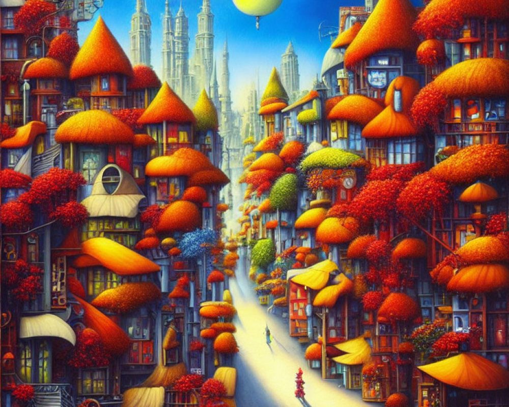 Surreal cityscape with autumn-colored tree-covered buildings