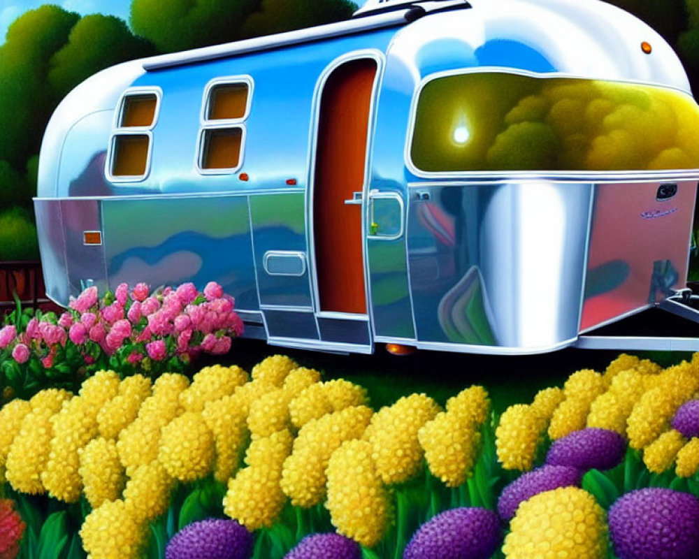 Colorful retro airstream trailer in vibrant flower field