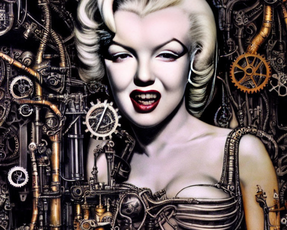 Blonde Woman with Red Lipstick in Mechanical Gear Background