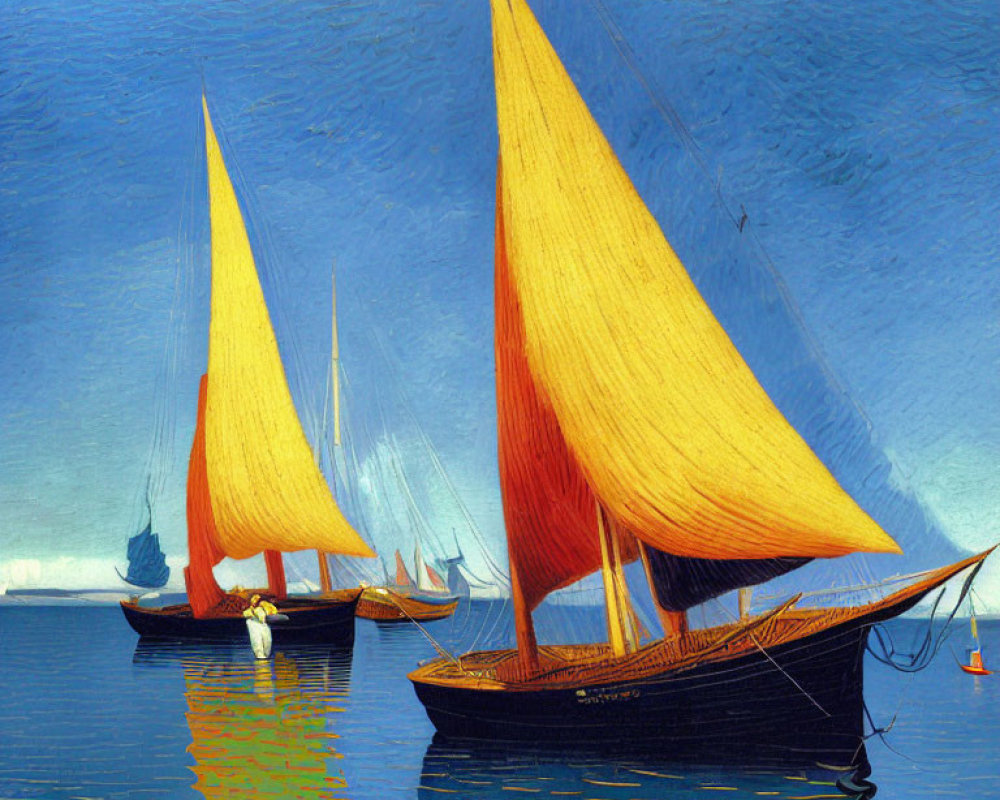 Two sailboats with orange sails on blue water, one with a person, under blue sky.
