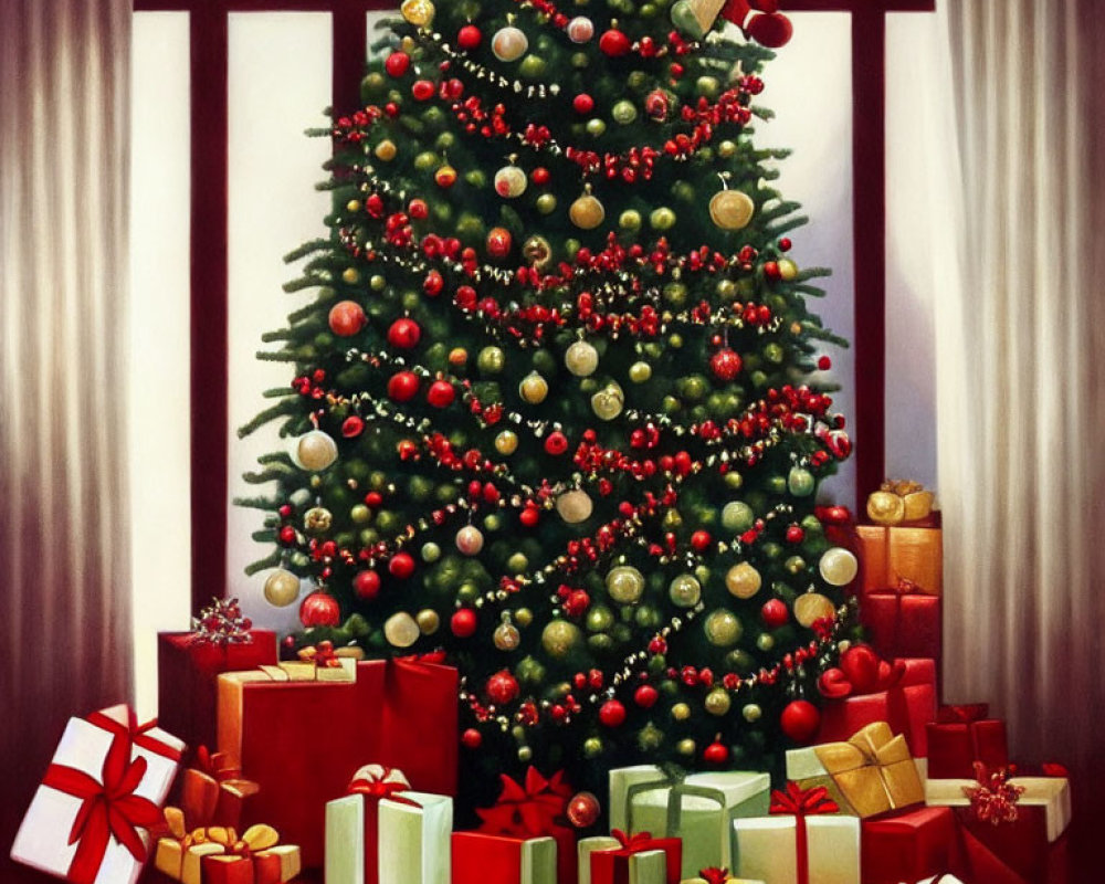 Decorated Christmas tree with red and golden ornaments and gifts by windowpane