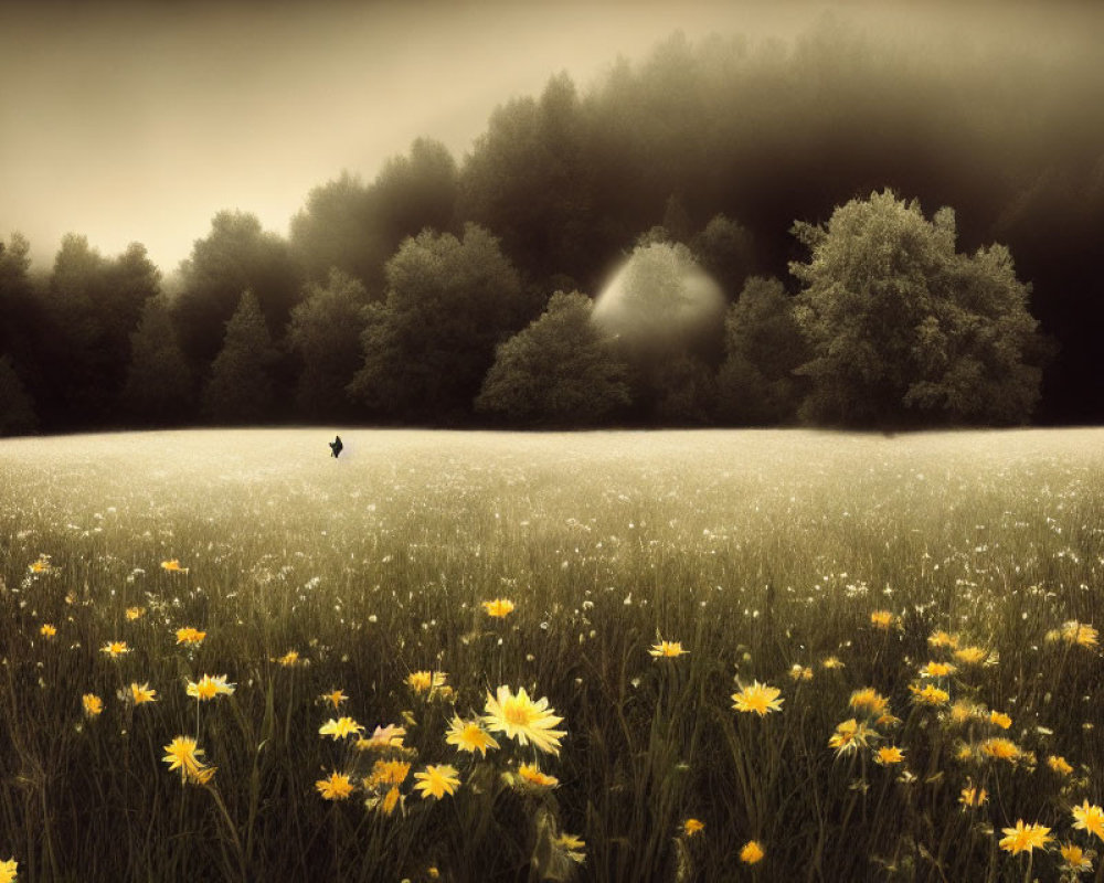 Tranquil meadow scene with wildflowers, bird in flight, foggy forest, and muted