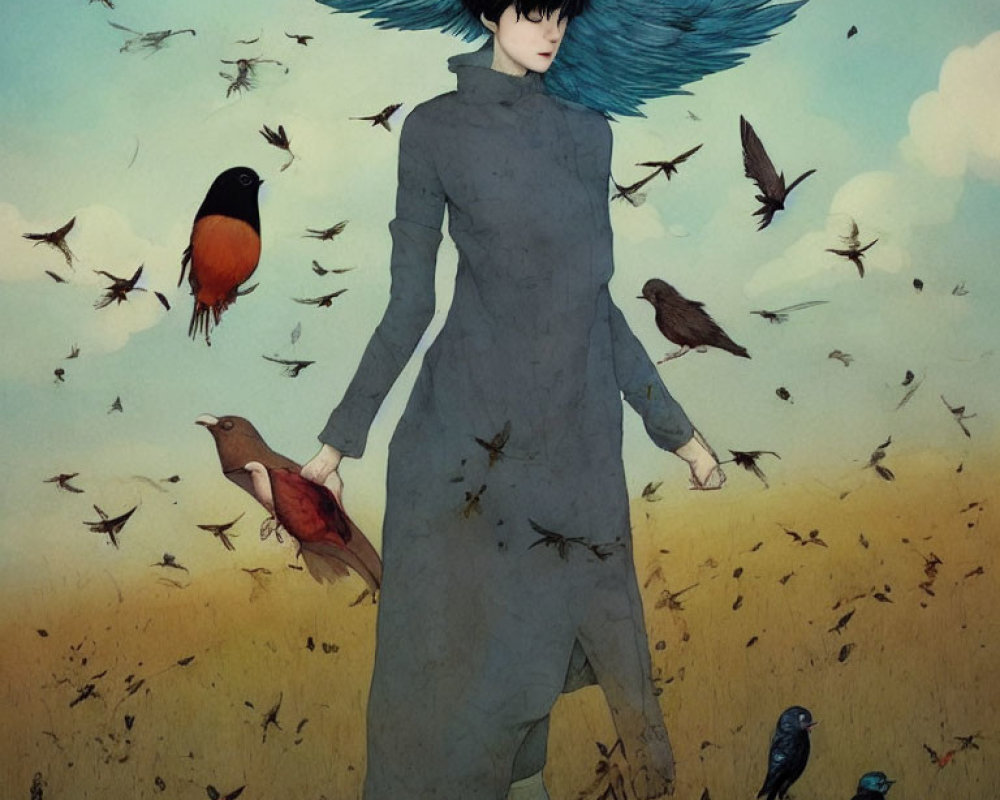 Person with black wings in field with birds under surreal blue sky