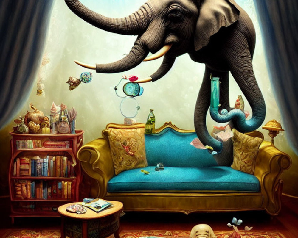 Whimsical room with elephant, mouse, fish, and surreal decor