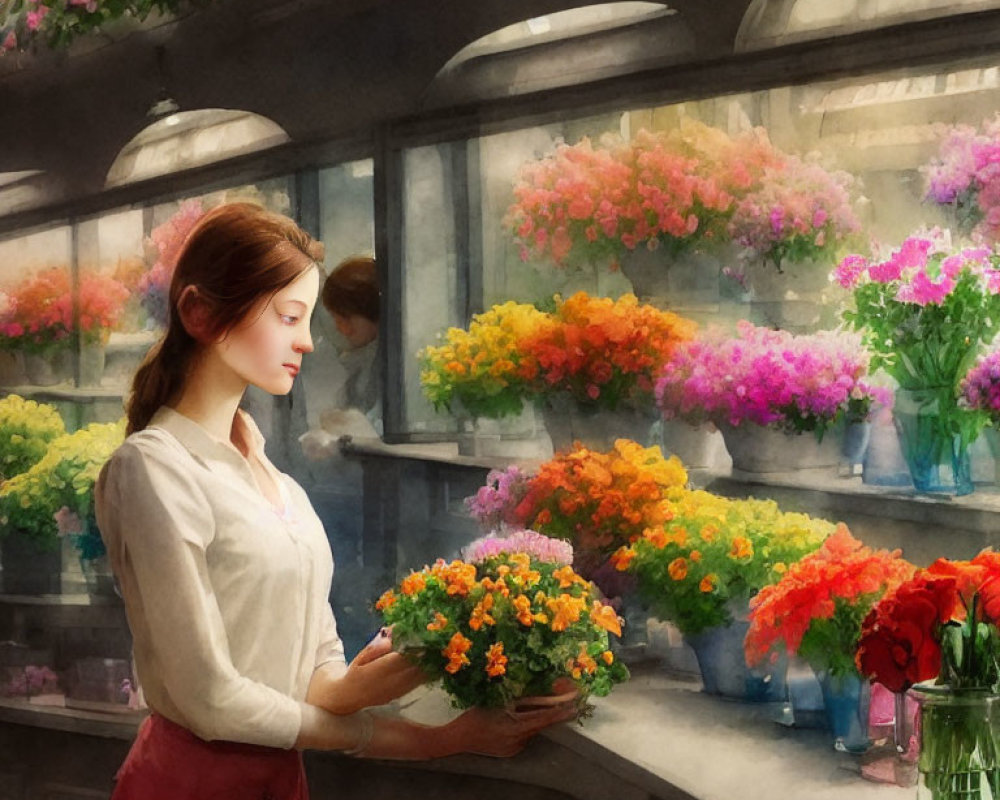 Woman admiring colorful bouquet in vibrant flower shop