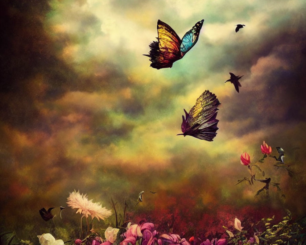 Colorful butterflies over vibrant meadow with dramatic sky