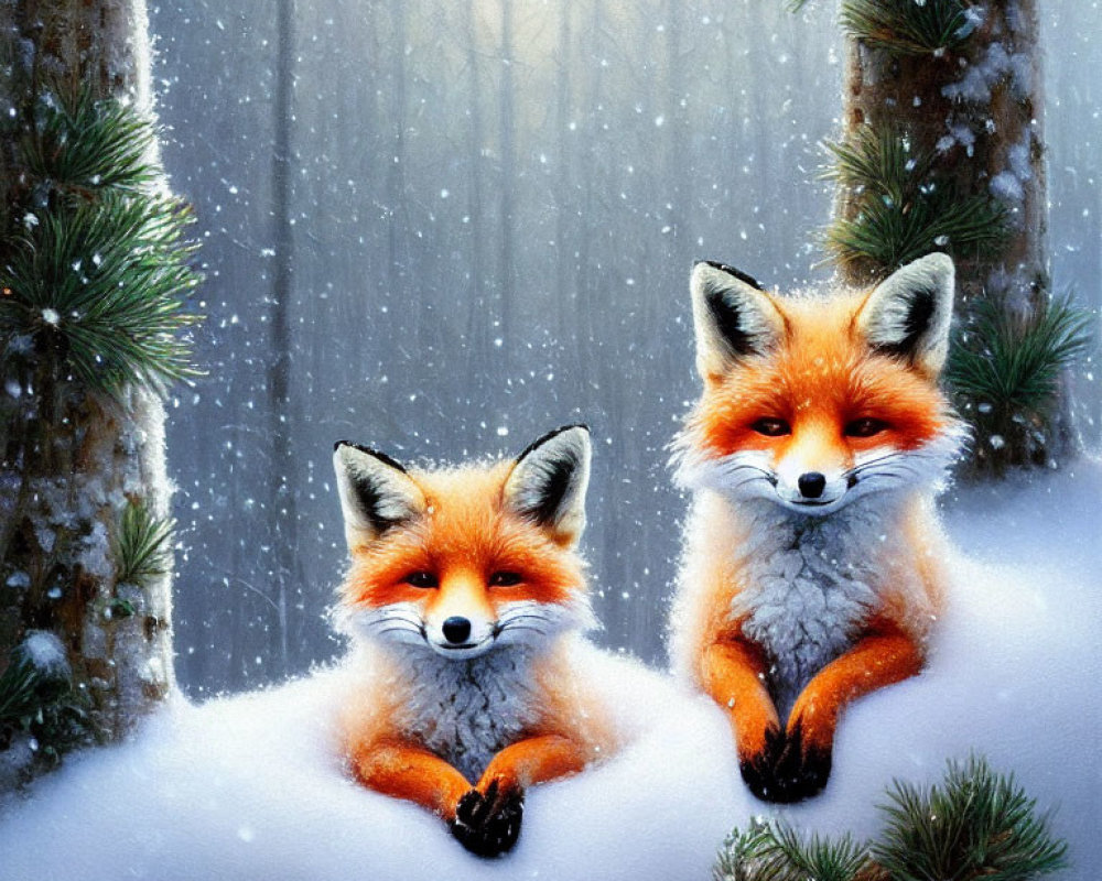 Red foxes in snowy forest with falling snowflakes