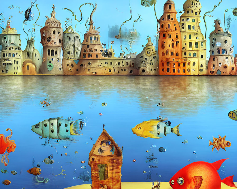 Colorful Underwater Scene with Fish and Coral-Like Buildings