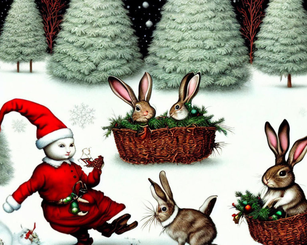 Child in Santa costume plays with rabbits in snowy forest scene