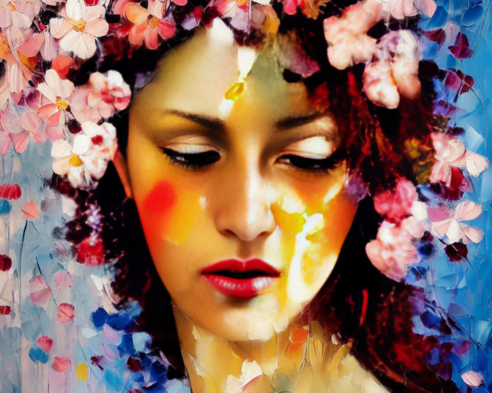 Colorful Woman with Floral Crown and Paint Splatter on Vibrant Background
