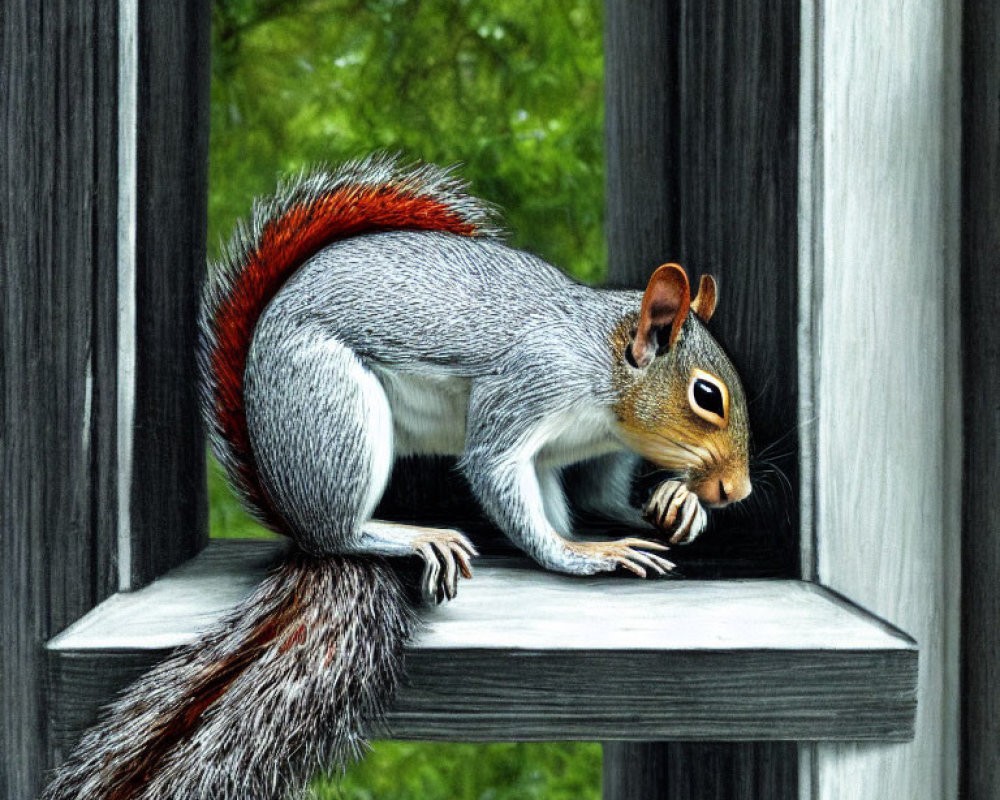 Realistic drawing of squirrel on window ledge with bushy tail amidst green foliage