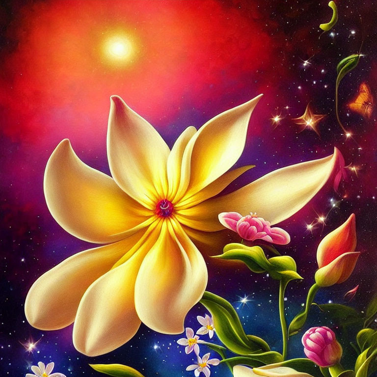 Colorful Illustration: Large Yellow Flower in Cosmic Setting
