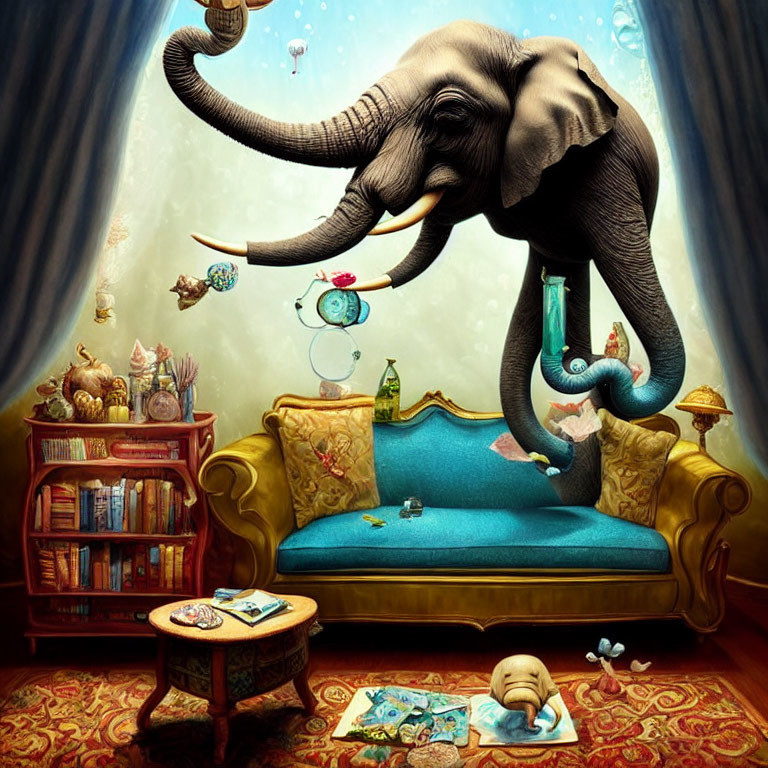 Whimsical room with elephant, mouse, fish, and surreal decor