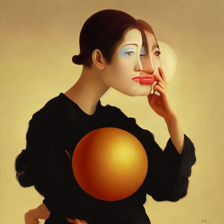 Surreal portrait of woman holding mask with golden sphere