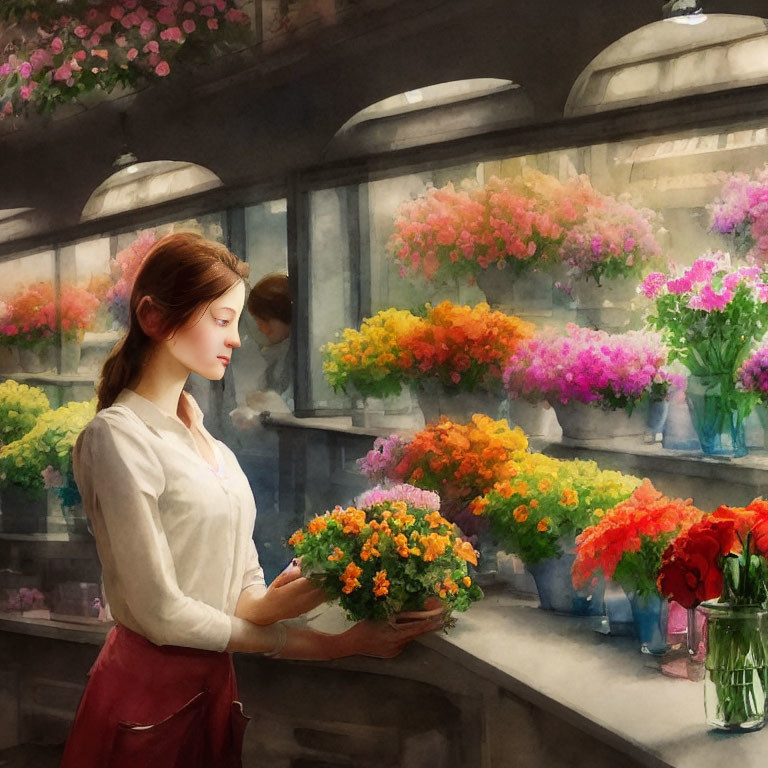 Woman admiring colorful bouquet in vibrant flower shop