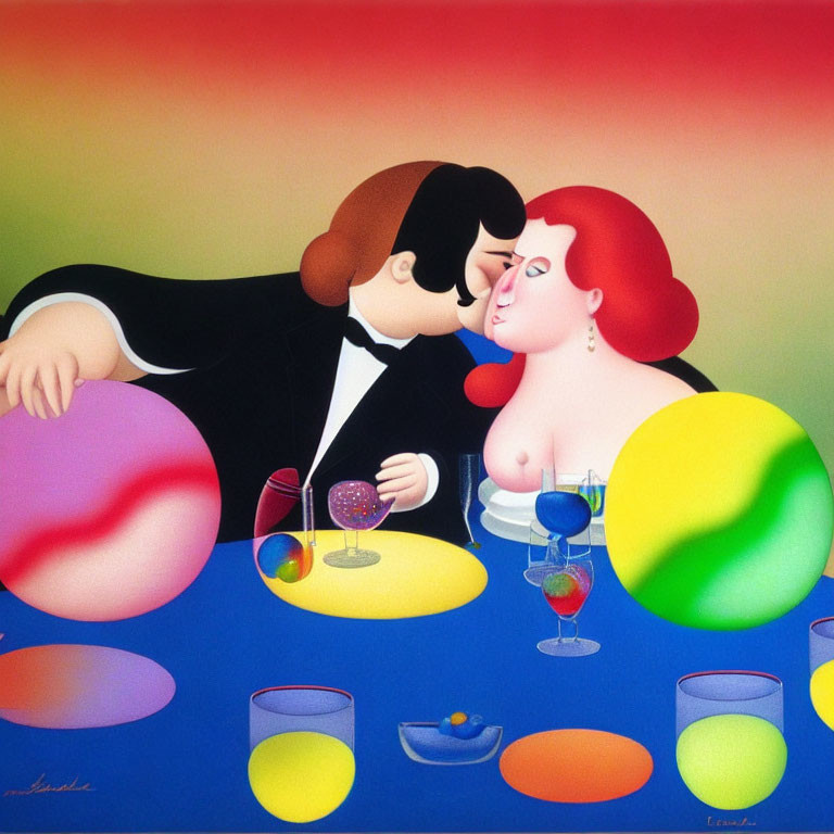 Vibrant artwork of stylized couple kissing at table
